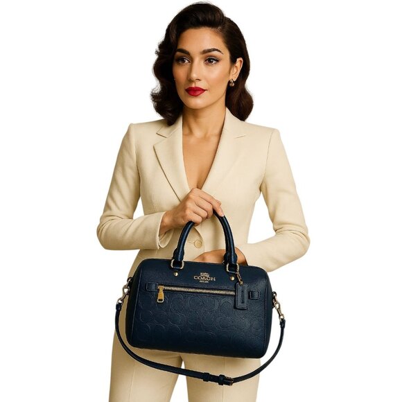 Coach Rowan Bag Satchel Navy Leather Handbag Shoulder Crossbody WOMEN'S WOMAN'S - Picture 1 of 16